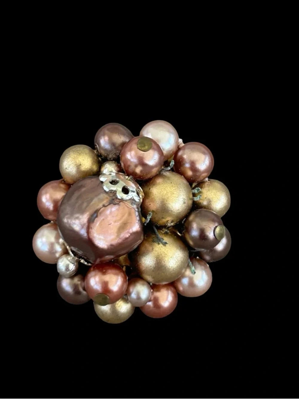 VTG MCM Beaded Pearl Cluster Clip On Earrings Shades of Brown Marked Japan 1